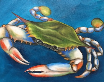 8x10 Blue Crab Print w matte - Fits 11x4 Frame Signed & Numbered Limited Edition Blue Crab Print of Original Crab Oil Painting Blue Crab Art