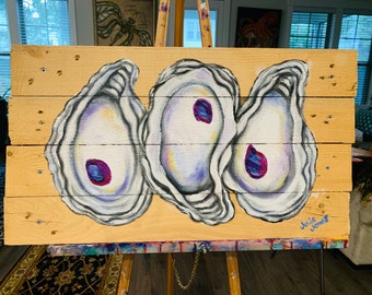 Original Acrylic Painting on Pallet Wood of Triple Oysters! Pallet Wood oyster Art! Beach House Decor!