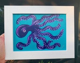 One of a Kind Original Small Acrylic Purple Octopus Painting - excellent gift! Octopus Art Colorful Octopus Original Artwork Beach Art