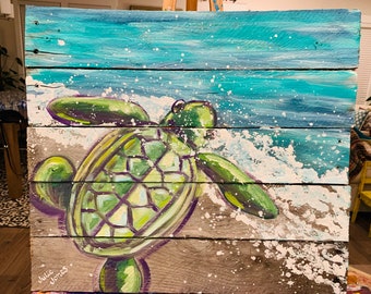 Original Acrylic Painting on Pallet Wood of Baby Loggerhead making its way! 17” x 19” Turtle art on Wood! Baby Turtle Wall Art!