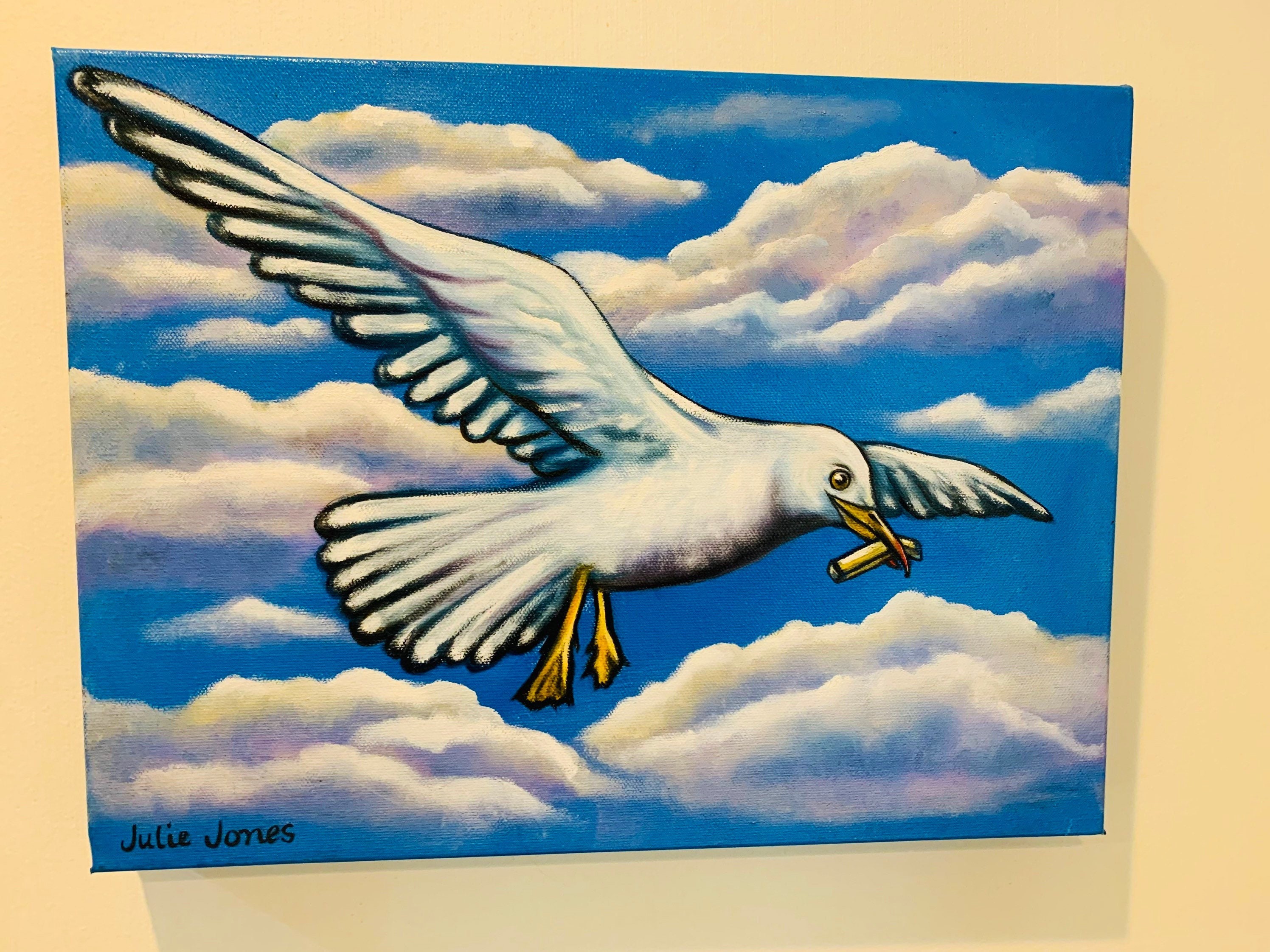 Sneaky Seagull Oil Painting on Gallery Wrapped Canvas 12"x 16” NOT A PRINT! Seagull with a French fry seagull art bird art