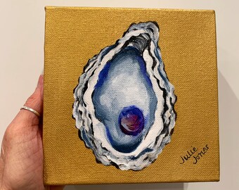 Original bright Gold acrylic oyster painting  6” x 6” - perfect square small art! Small Oyster Art Oyster Gift Small Coastal Art Beach art