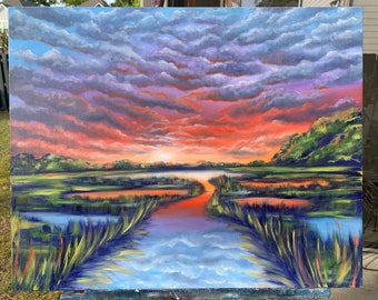 Oil Painting Sunset painting coastal marsh painting original art