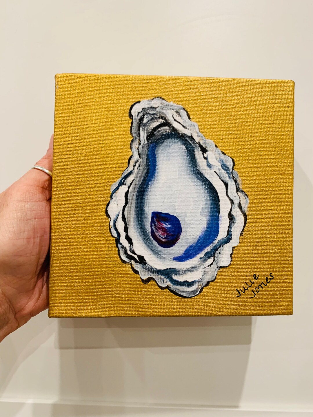 Original Bright Gold Acrylic Oyster Painting 6 X 6 Perfect Square Small