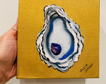 Original bright Gold acrylic oyster painting  6” x 6” - perfect square small art! Small Oyster Art Oyster Gift Small Coastal Art Beach art