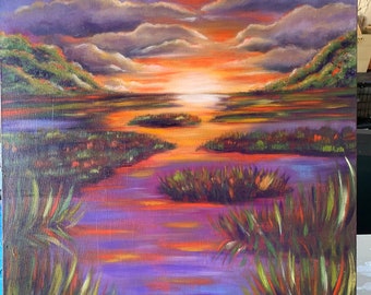 original Oil Painting Sunset Art Candy Colored Sunset painting coastal marsh painting original art Colorful sunset coastal artwork LANDSCAPE