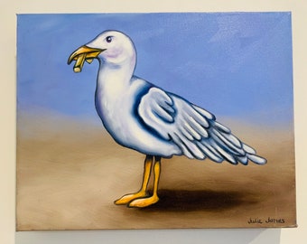 Funny Art French Fry Thief Seagull w a French Fry Oil Painting w painted sides 11x14 seagull art NOT A PRINT! Bird painting Bird Art Gift