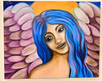 Angel Oil Painting – 16x20 Unframed Guardian Angel Art ANGEL gift blue hair angel oil painting. Angel Painting - Free Shipping! NOT A PRINT!