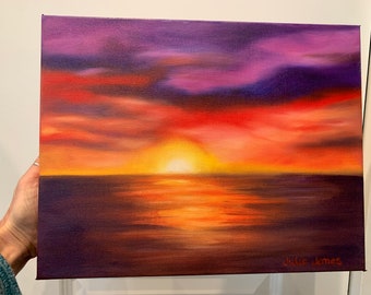 Original Vibrant Coastal Sunset Oil Painting on Gallery Wrapped Canvas 12"x 16” by Julie Jones - free shipping! NOT A PRINT!