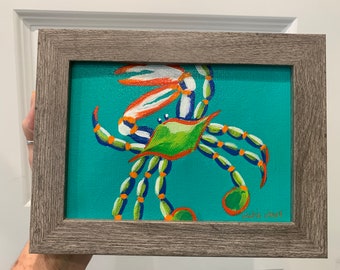 One of a Kind Original Small Acrylic Blue Crab Painting - excellent gift! Crab Art Colorful Crab Original Artwork Beach Art