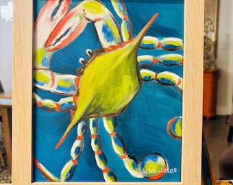 Blue Crab Oil Painting - Original Framed Coastal Wall Art (8x10" Canvas, 10x12" Framed) Original Framed Blue Crab Art NOT A PRINT!