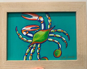 One of a Kind Original Small Acrylic Blue Crab Painting - excellent gift! Crab Art Colorful Crab Original Artwork Beach Art