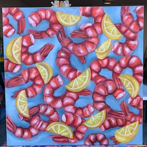 Original Art Shrimp Oil Painting on Gallery Wrapped Canvas 24x24 NOT A PRINT! Shrimp Art Shrimp Painting Food Lover gift. Seafood Painting
