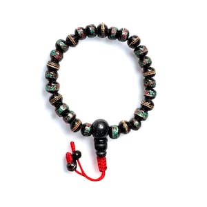 Inlaid Coral & Turquoise, Black Yak Bone Wrist Mala, Buddhist Wrist Mala, Tibetan Yak Bone beads, 8MM 27 Bead Wrist Mala, Hand Made in Nepal