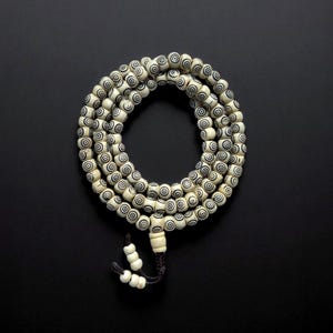 Hand Carved, White Yak Bone Mala, Tibetan Buddhist Prayer Mala, Carved Yak Bone beads, 8MM 108 Beads Mala, Adjustable knot, Made in Nepal