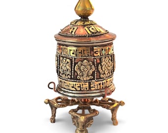 Tibetan Buddhist Table Prayer Wheel, Copper & Brass, Eight Auspicious Symbols, Double Dorje Base, Sanskrit Mantra, Hand made in Nepal