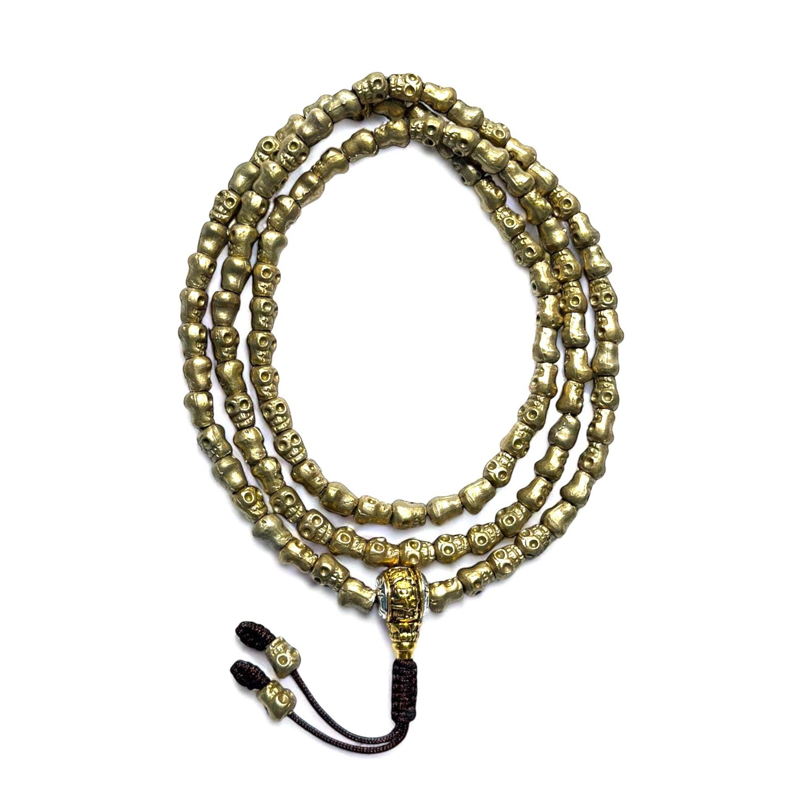 Hand Carved Bronze Skull Mala, Buddhist Prayer Mala, Skull Carved Bronze Metal Mala. 7MM 108 Beads Mala, Adjustable Knot, Made in Nepal