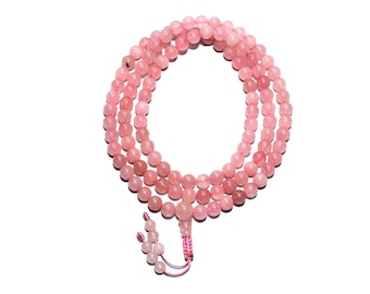 Handmade Rose Quartz Tibetan Buddhist Mala – 108 Beads – Himalayan Pink Crystal Prayer Beads from Nepal (6MM & 8MM)