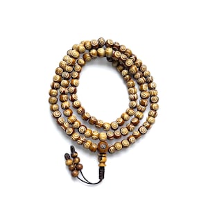 Hand Carved, Brown Yak Bone Mala, Tibetan Buddhist Prayer Mala, Carved Yak Bone beads, 8MM 108 Beads Mala, Adjustable knot, Made in Nepal