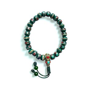 Inlaid Coral & Turquoise, Dark Green Yak Bone Wrist Mala, Buddhist Wrist Mala,Tibetan Yak Bone beads, 8MM 27 Beads Wrist Mala, Made in Nepal
