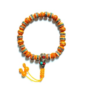 Inlaid Coral & Turquoise, Yellow Yak Bone Wrist Mala, Buddhist Wrist Mala, Tibetan Yak Bone beads, 8MM 27 Bead Wrist Mala,Hand Made in Nepal