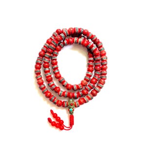 Inlaid Coral & Turquoise, Red Yak Bone Mala, Tibetan Buddhist Prayer Mala, Tibetan Yak Bone beads, 8MM 108 Beads Mala, Hand Made In Nepal
