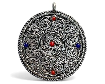 Round Shape, White Metal Buddhist Pendant, Mandala & Buddhist Symbols Carved, Tibetan Protection Amulet, Meditation Jewelry, Made In Nepal
