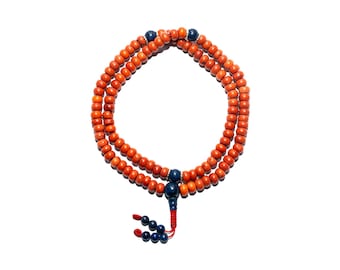 High Quality  Flat Coral Mala, Tibetan Buddhist Prayer Mala, Real Red Coral Mala, 8.5MM 108 Beads + 3 Lapis Lazuli Bead, Adjustable Knot