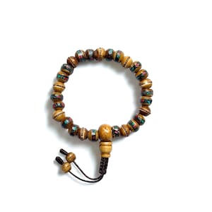 Inlaid Coral & Turquoise, Brown Yak Bone Wrist Mala, Buddhist Wrist Mala,Tibetan Yak Bone beads, 8MM 27 Beads Wrist Mala, Hand Made in Nepal