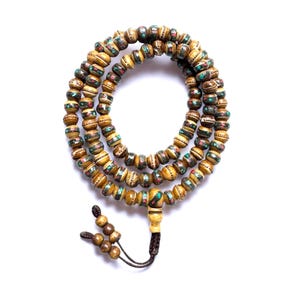 Inlaid Coral & Turquoise, Brown Yak Bone Mala, Buddhist Prayer Mala,Tibetan Yak Bone beads, 8MM 108 Beads Mala,Adjustable,Hand Made In Nepal