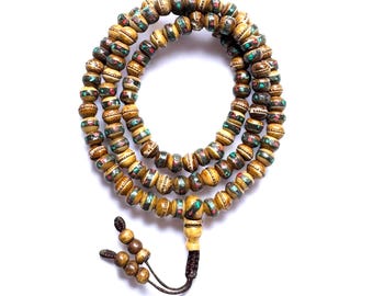 Inlaid Coral & Turquoise, Brown Yak Bone Mala, Buddhist Prayer Mala,Tibetan Yak Bone beads, 8MM 108 Beads, Adjustable, Hand Made In Nepal