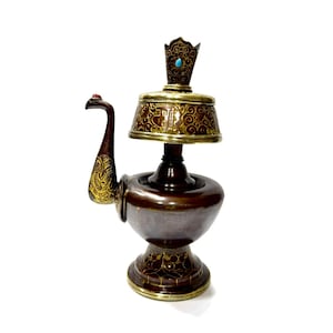 Hand Made, Copper Bhumpa Set, Copper Oxidize And Gold Engraving, Buddhist Bhumpa Set, Sacred Vessel of blessings, 7.5Inches, Made in Nepal