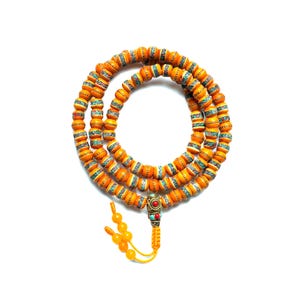 Inlaid Coral & Turquoise, Yellow Yak Bone Mala, Tibetan Buddhist Prayer Mala, Tibetan Yak Bone beads, 8MM 108 Beads Mala, Hand Made In Nepal