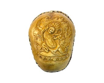 Tibetan Kapala Skull Cup with Mahakala Deity Carved, Handmade Resin Ritual Offering Bowl with Metal Skull Rim, Tantric Buddhist Kapala Nepal