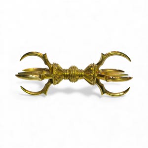 Tibetansk buddhistisk femarmad vajra, rituell mortelstöt i mässing, gyllene massiv mässingsdorje - 17 cm, altare- och helgedomsverktyg för dharma, handgjord i Nepal