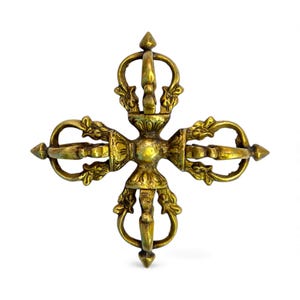 Handgjord mässingsdubbeldorje, tibetansk buddhistisk ritualvajra, vajrayanavajra, helig meditation och altardekor, 5-stiftig 16 cm, tillverkad i Nepal