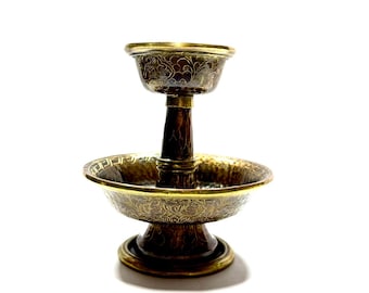 Ensemble serkyem en cuivre de haute qualité, serkyem bouddhiste en cuivre oxydé, gravure en or, offrande de boisson dorée, offrande de thé serkyem, fabriqué au Népal