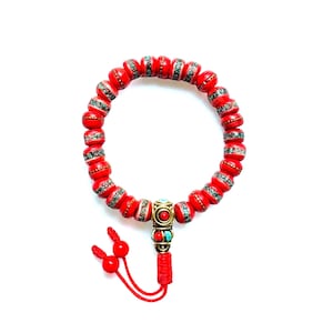 Inlaid Coral & Turquoise, Red Yak Bone Wrist Mala, Buddhist Wrist Mala, Tibetan Yak Bone beads, 8MM 27 Bead Wrist Mala, Hand Made in Nepal