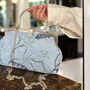 Vintage Embroidered Evening Bag: Handmade Floral Clutch with Chain