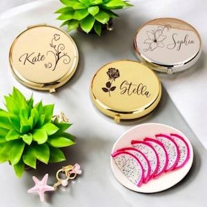 Personalized Compact Mirror, Custom Bridesmaid Gift, Engraved Handheld Makeup Mirror, Folding Purse Mirror, Birthday Gift for Her