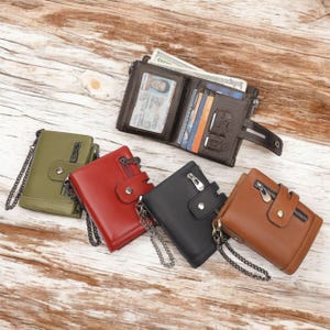 Vintage Echte Unisex Leder Brieftasche mit Doppel-Reißverschlüssen, RFID Bifold Rindsleder Brieftasche, abnehmbare Geldbörse, Minimalistische Kettentaschen Brieftasche