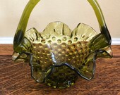 Green Fenton art glass basket, Vintage Hobnail Basket, Ruffled Edges, 1960s glass