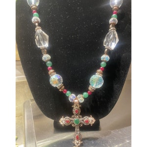 Aurora Borealis Rhinestone Cross Pendant Colorful Glass Bead Necklace Estate image 7