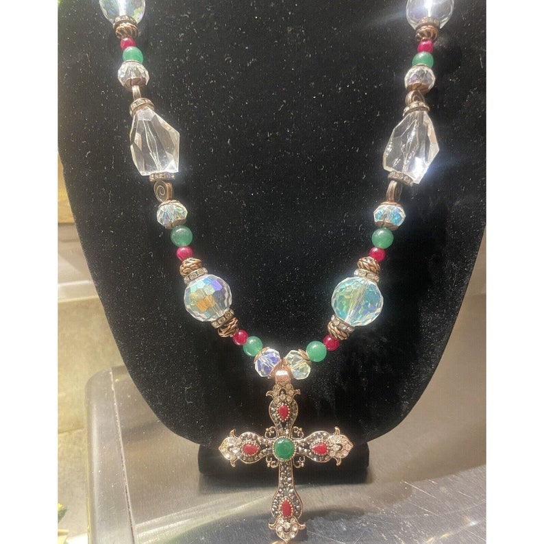 Aurora Borealis Rhinestone Cross Pendant Colorful Glass Bead Necklace Estate image 7