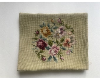 Vintage Handcrafted Floral Needlepoint with Sage Green Background Estate Find