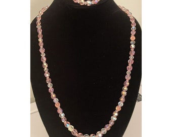 Vtg  PINK Crystal Glass Bead  Set Necklace,  Bracelet and Clip on Earrings Estate Jewelry