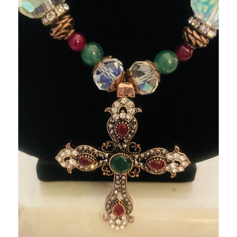 Aurora Borealis Rhinestone Cross Pendant Colorful Glass Bead Necklace Estate image 5