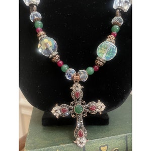 Aurora Borealis Rhinestone Cross Pendant Colorful Glass Bead Necklace Estate image 1