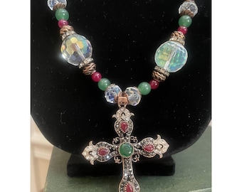 Aurora Borealis Rhinestone Cross Pendant Colorful Glass Bead Necklace Estate