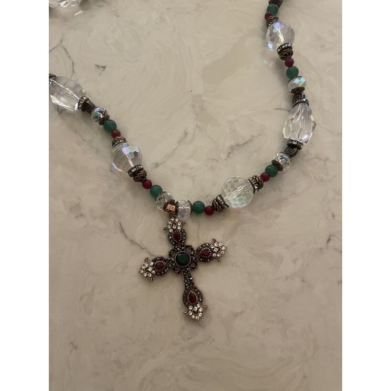 Aurora Borealis Rhinestone Cross Pendant Colorful Glass Bead Necklace Estate image 10